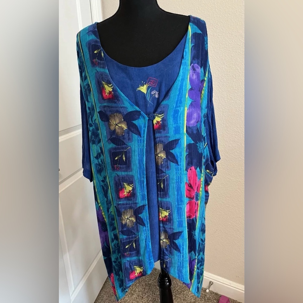Vtg C. M. Shapes SZ 4X Colorful Flower Tunic Handkerchief Popover Top